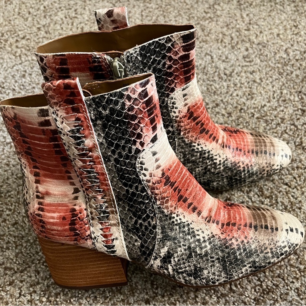 Kork-Ease Red and Black Ankle Booties with Snakeskin Texture